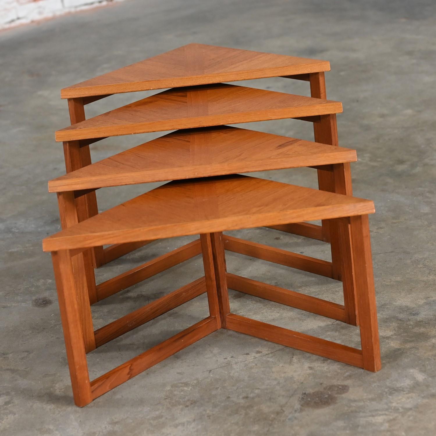 Scandinavian Modern Teak & Oak Triangle Nesting Tables Set of 4 Made in Denmark 2