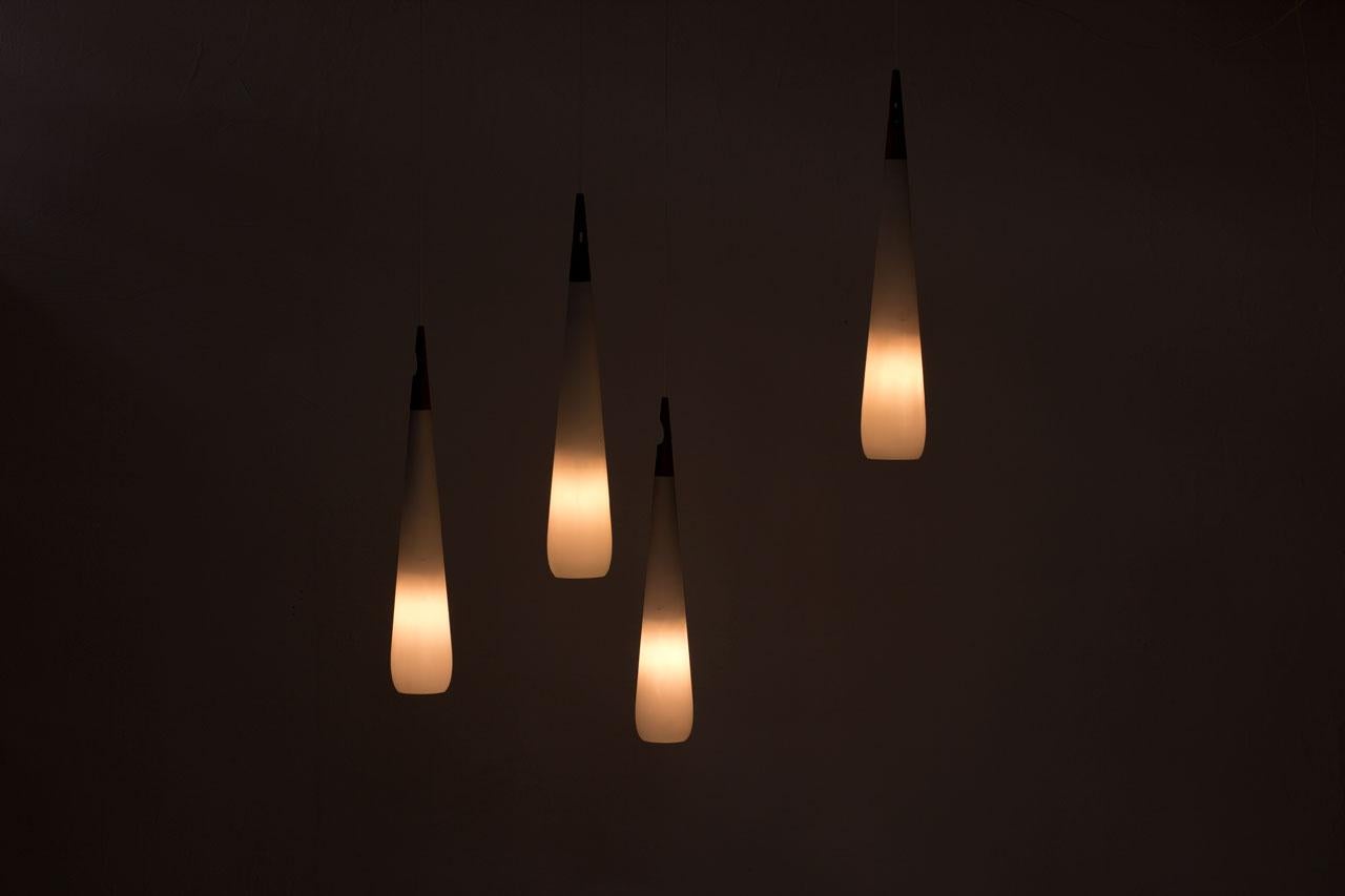 Scandinavian Modern & Teak Opaline Glass Pendant Lamps by Luxus, Sweden 7