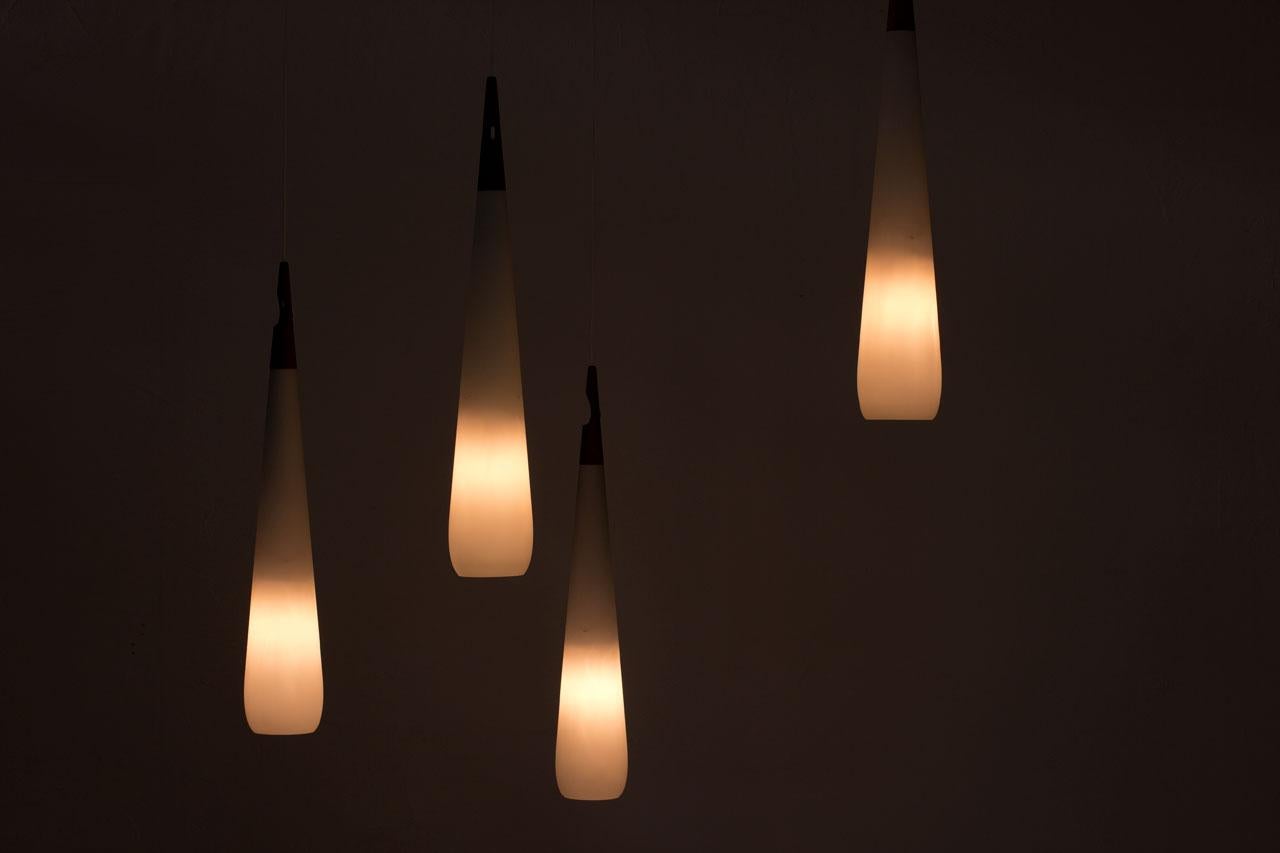Scandinavian Modern & Teak Opaline Glass Pendant Lamps by Luxus, Sweden 8