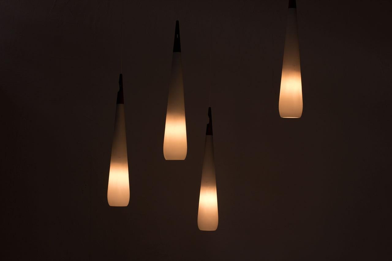Scandinavian Modern & Teak Opaline Glass Pendant Lamps by Luxus, Sweden 9