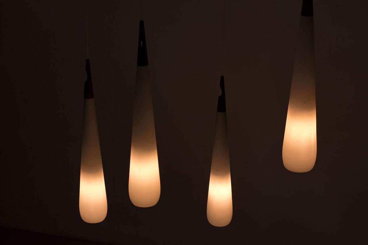 Scandinavian Modern & Teak Opaline Glass Pendant Lamps by Luxus, Sweden 10