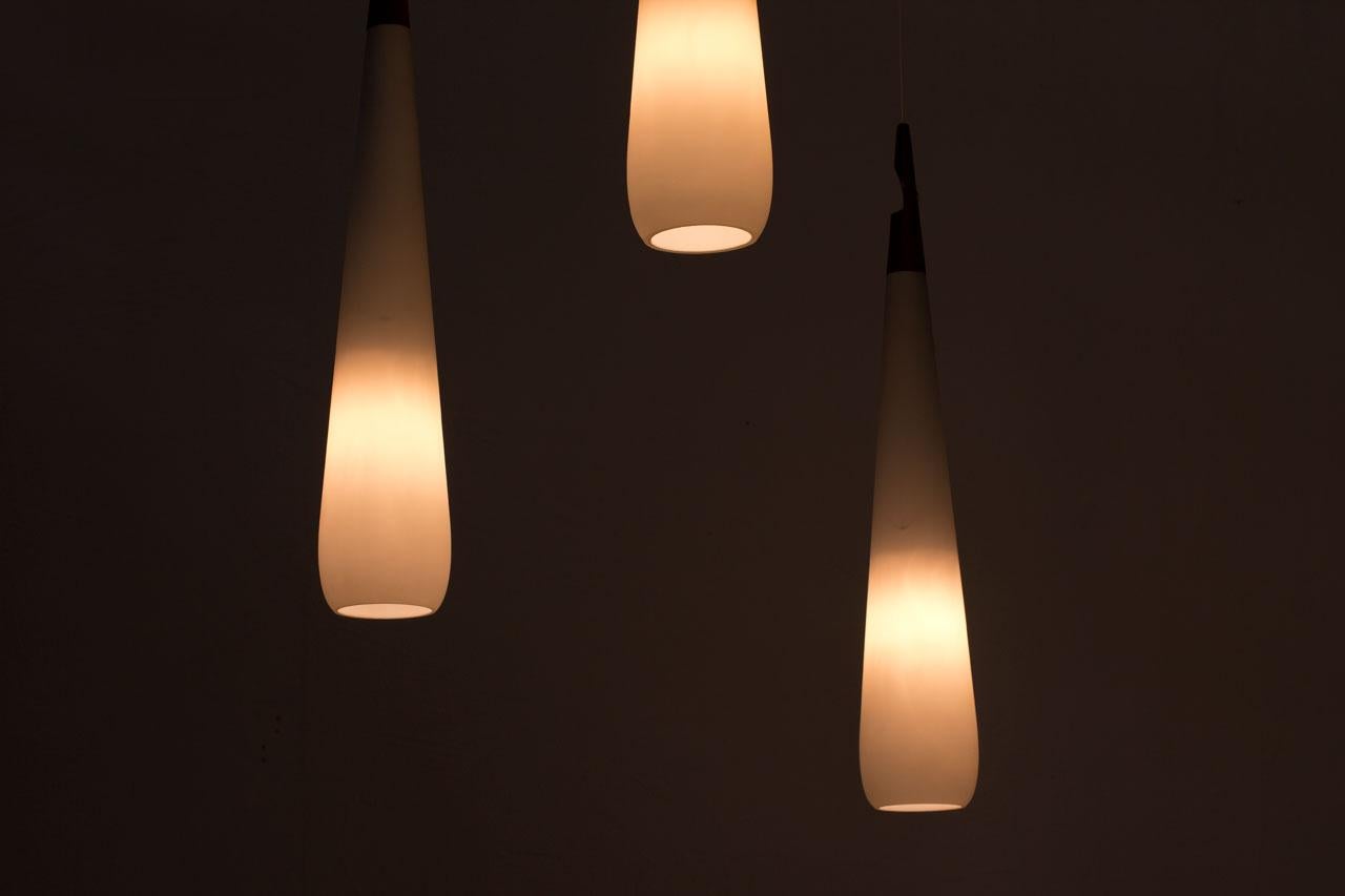 Scandinavian Modern & Teak Opaline Glass Pendant Lamps by Luxus, Sweden 11