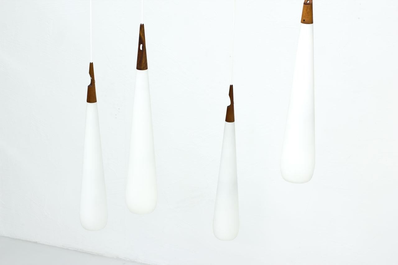 Scandinavian Modern & Teak Opaline Glass Pendant Lamps by Luxus, Sweden 1