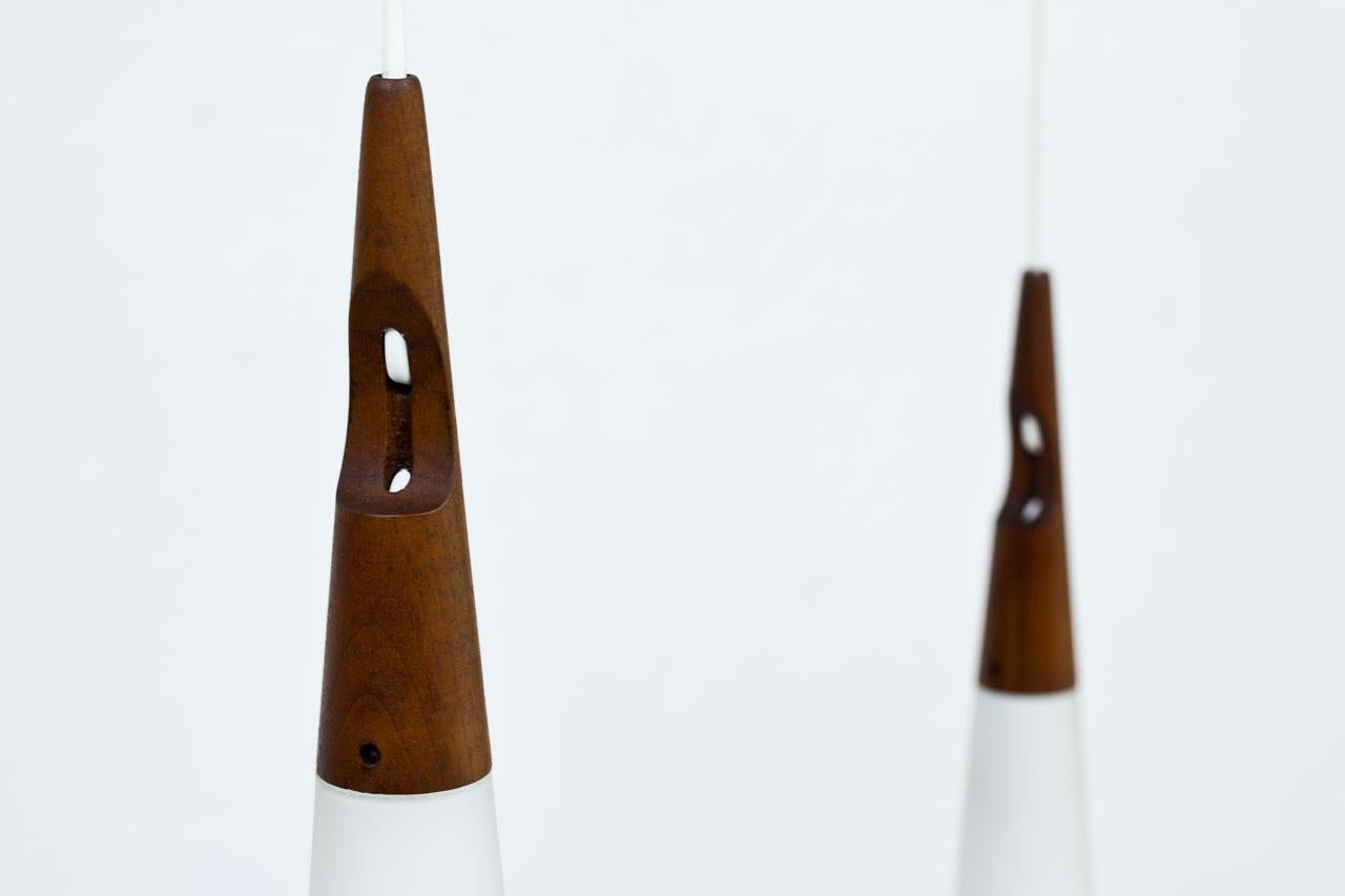 Scandinavian Modern & Teak Opaline Glass Pendant Lamps by Luxus, Sweden 2
