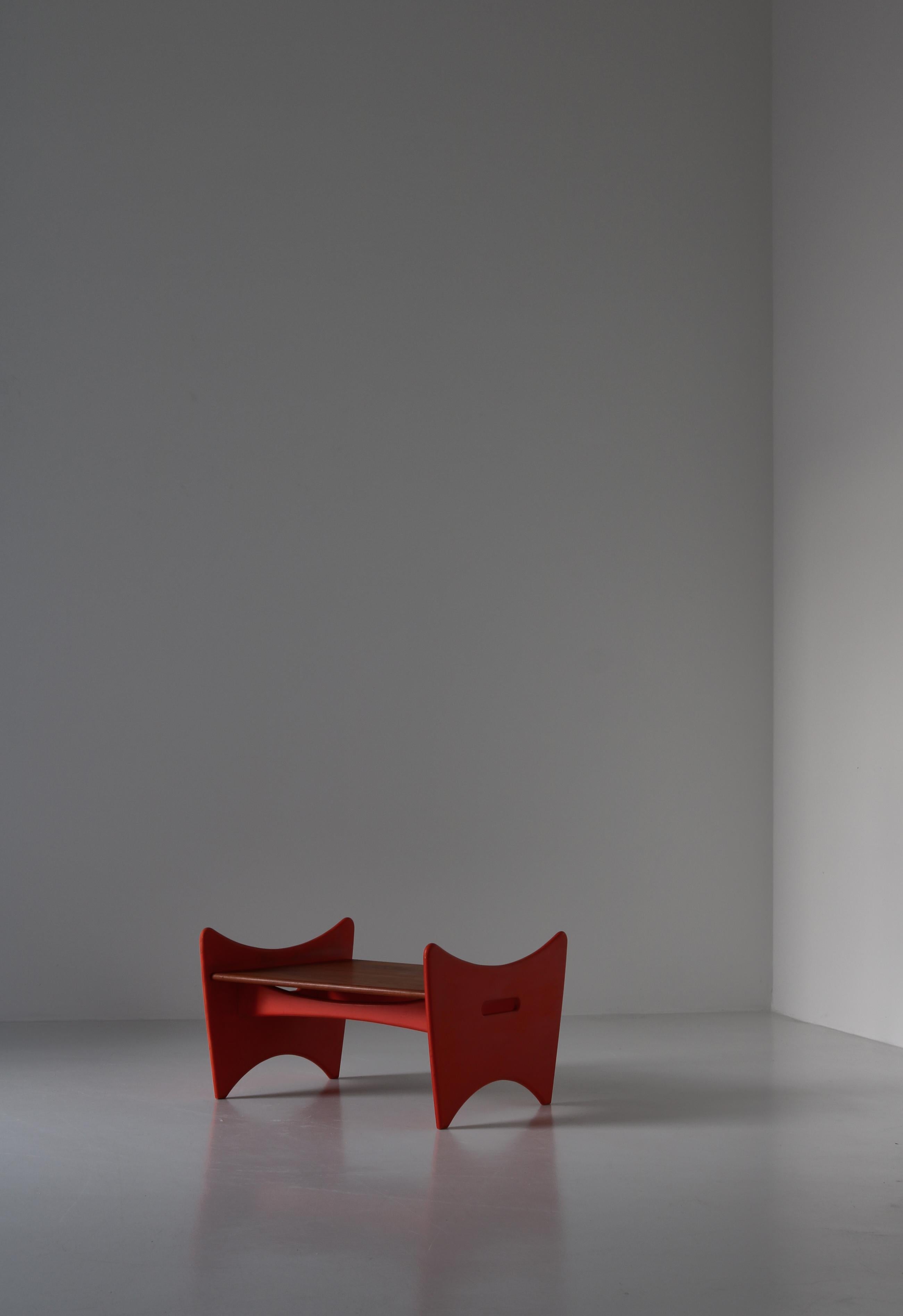 Scandinavian Modern Teak & Red Lacquered Stool / Side Table by Illum Wikkelsø 7
