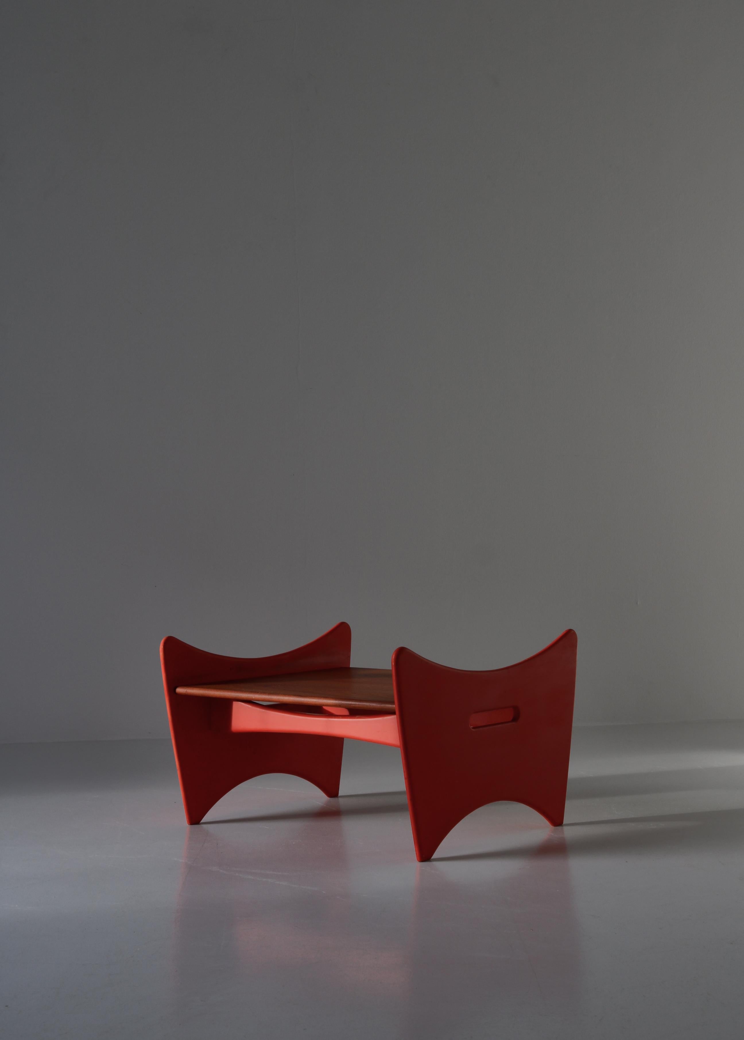 Danish Scandinavian Modern Teak & Red Lacquered Stool / Side Table by Illum Wikkelsø