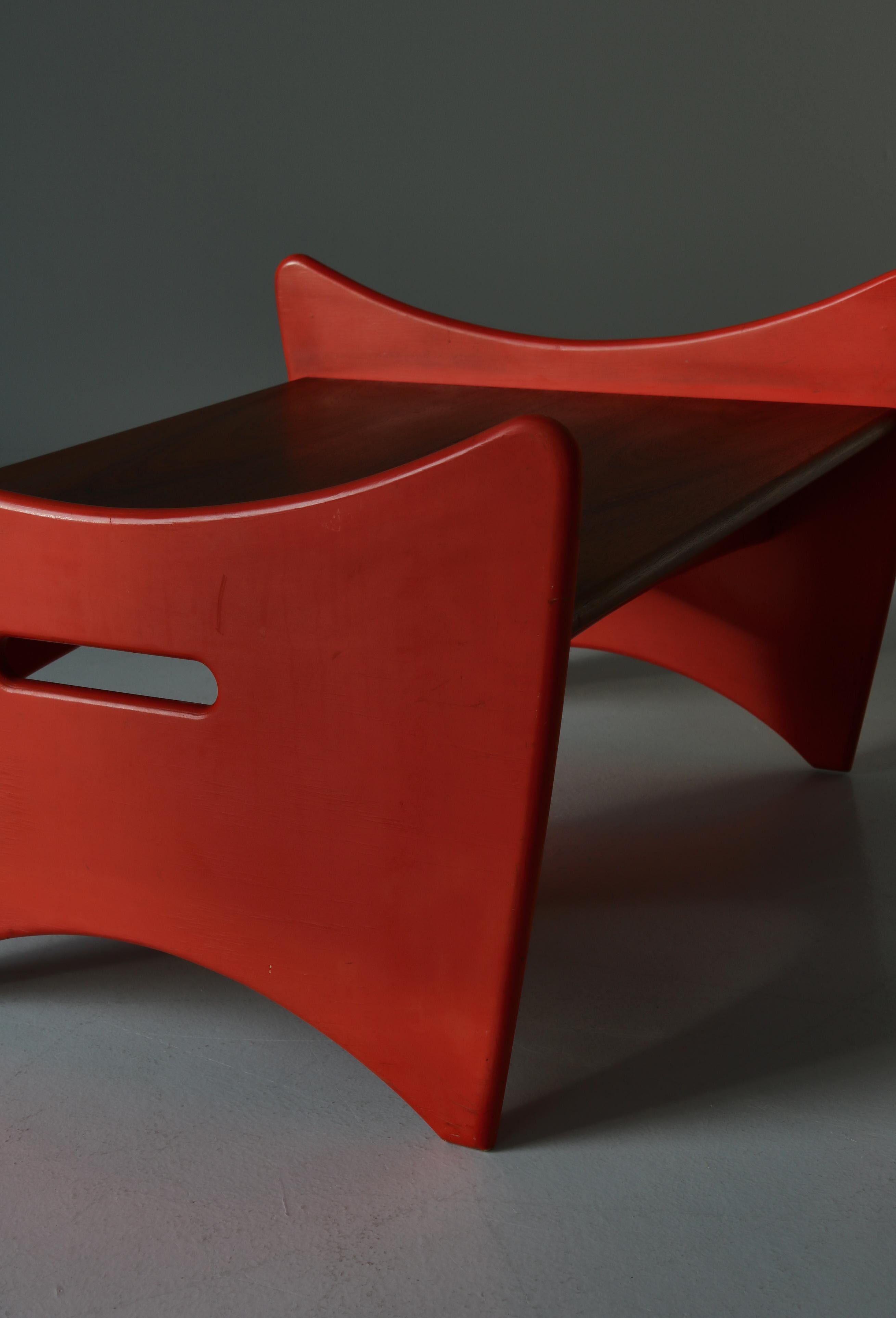 Leather Scandinavian Modern Teak & Red Lacquered Stool / Side Table by Illum Wikkelsø