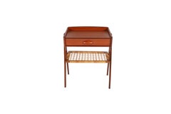 Scandinavian Modern Teak Side Table with Drawer & Cane Shelf