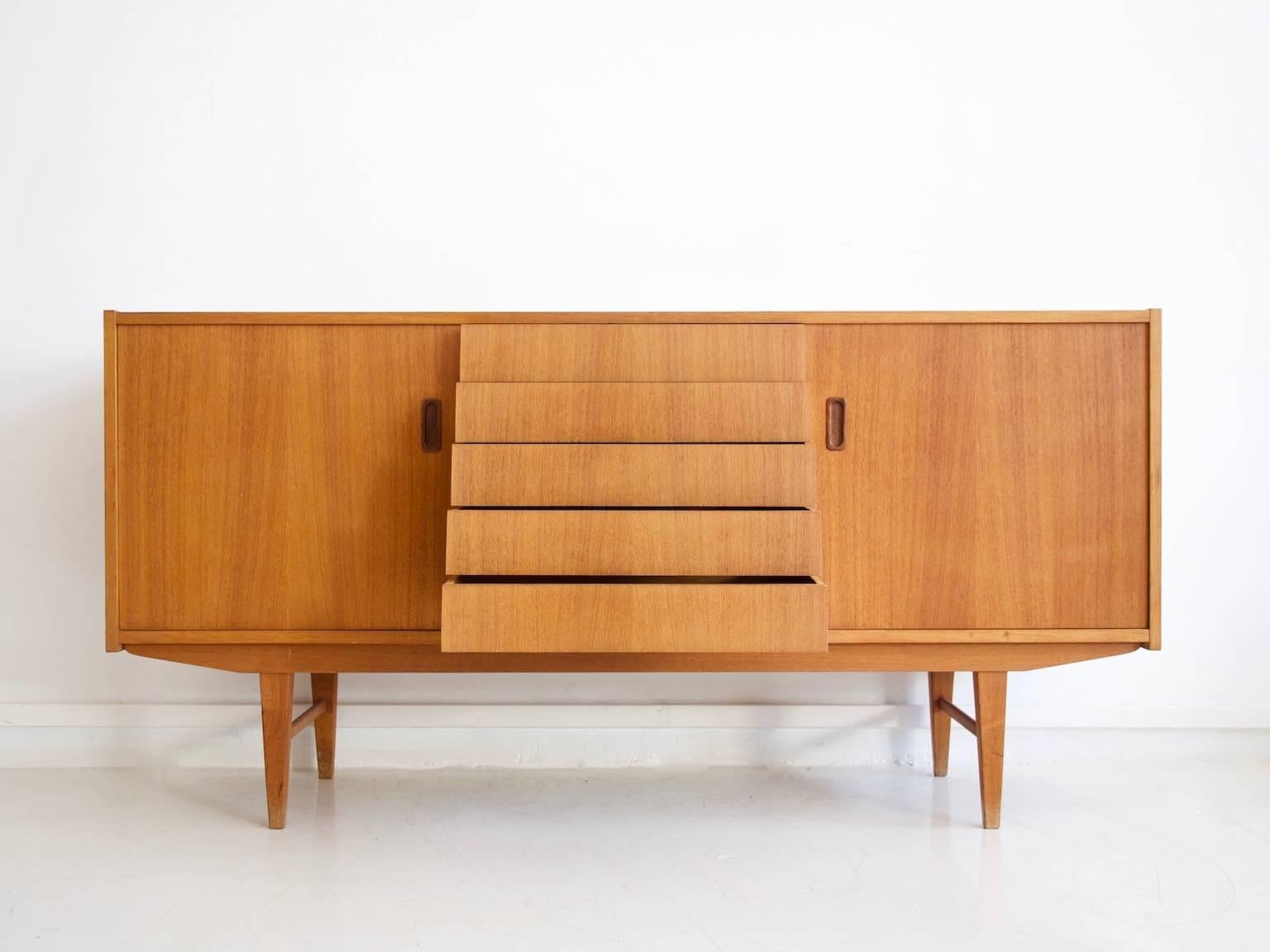 Swedish Scandinavian Modern Teak Sideboard with Drawers and Sliding Doors