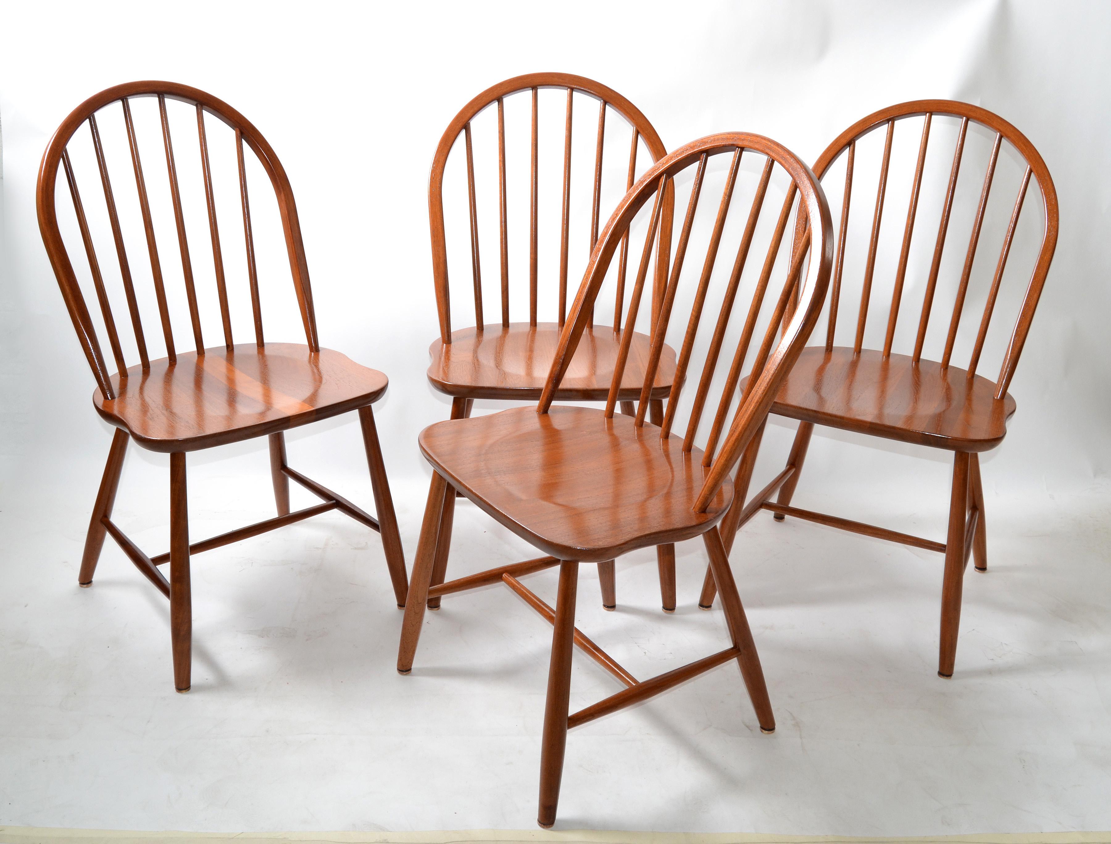 Hand-Crafted Scandinavian Modern Teak Spindle Back Dining Chairs Møbelfabrik Denmark, Set 4 For Sale