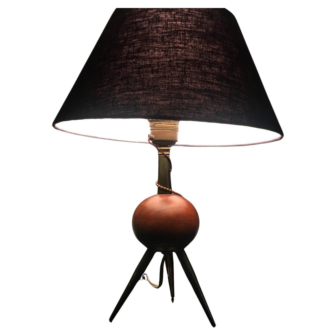 Scandinavian Modern Teak Table Lamp on Brass Tripod