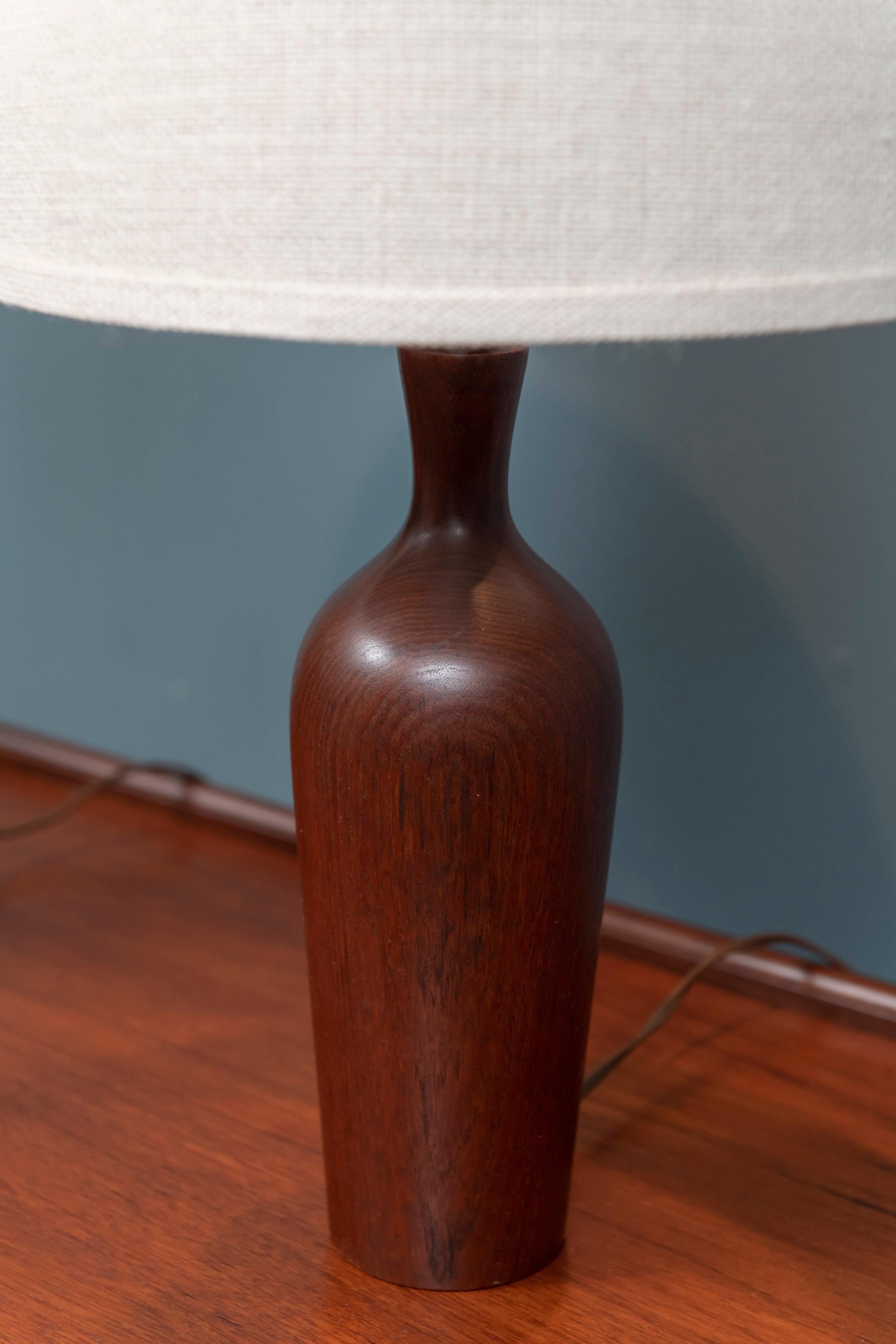 Scandinavian modern teak table lamps, sculpted solid teak bodies with nude grass cloth shades.