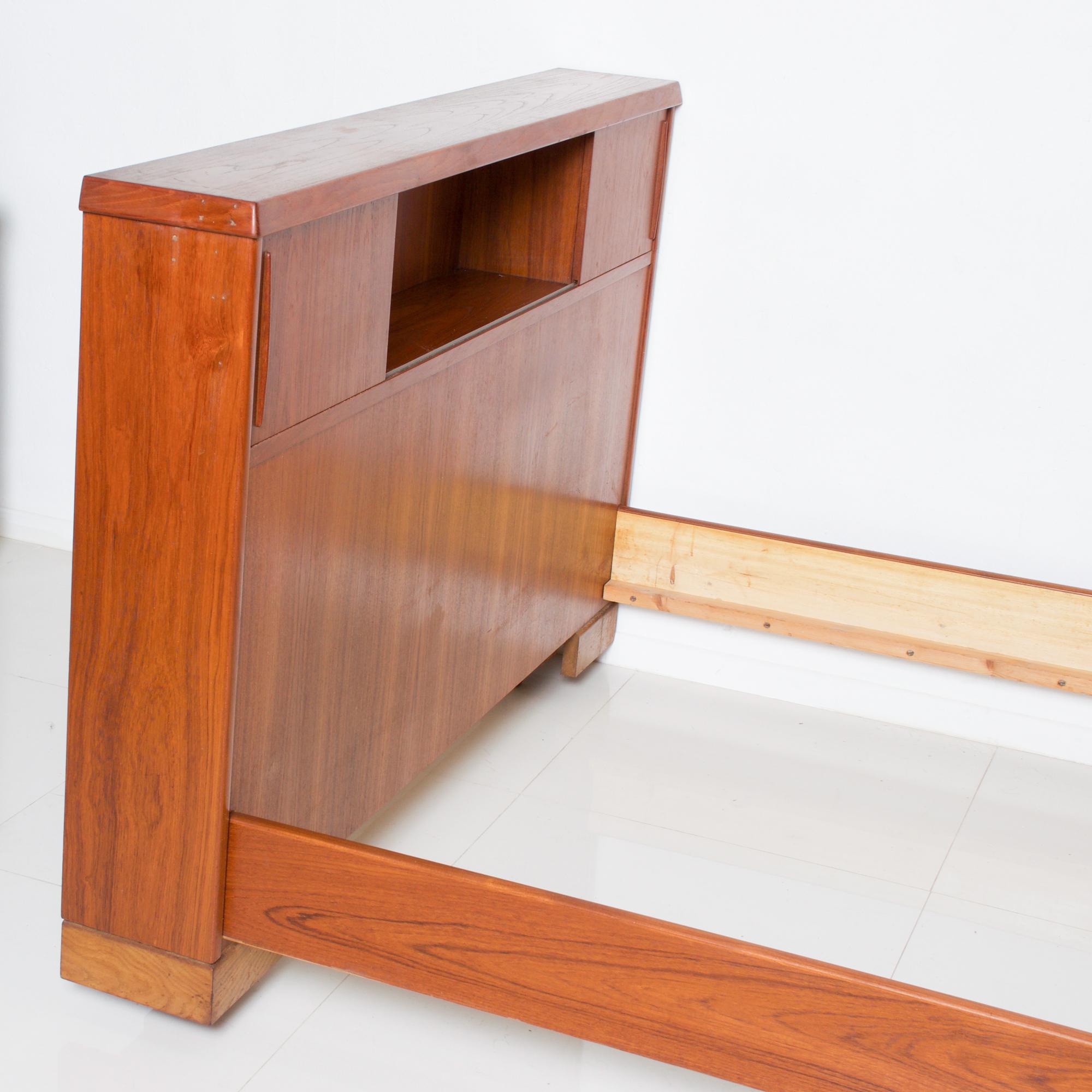 Mid-20th Century Scandinavian Modern Teak Wood Bed Thick Tall Headboard Design in Full 1960s