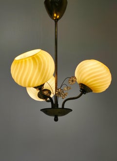 Scandinavian Modern Three Arm Brass Chandelier with Opaline Glass Shades 1960s
