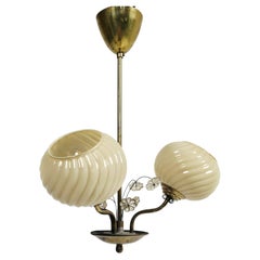 Scandinavian Modern Three Arm Brass Chandelier with Opaline Glass Shades 1960s