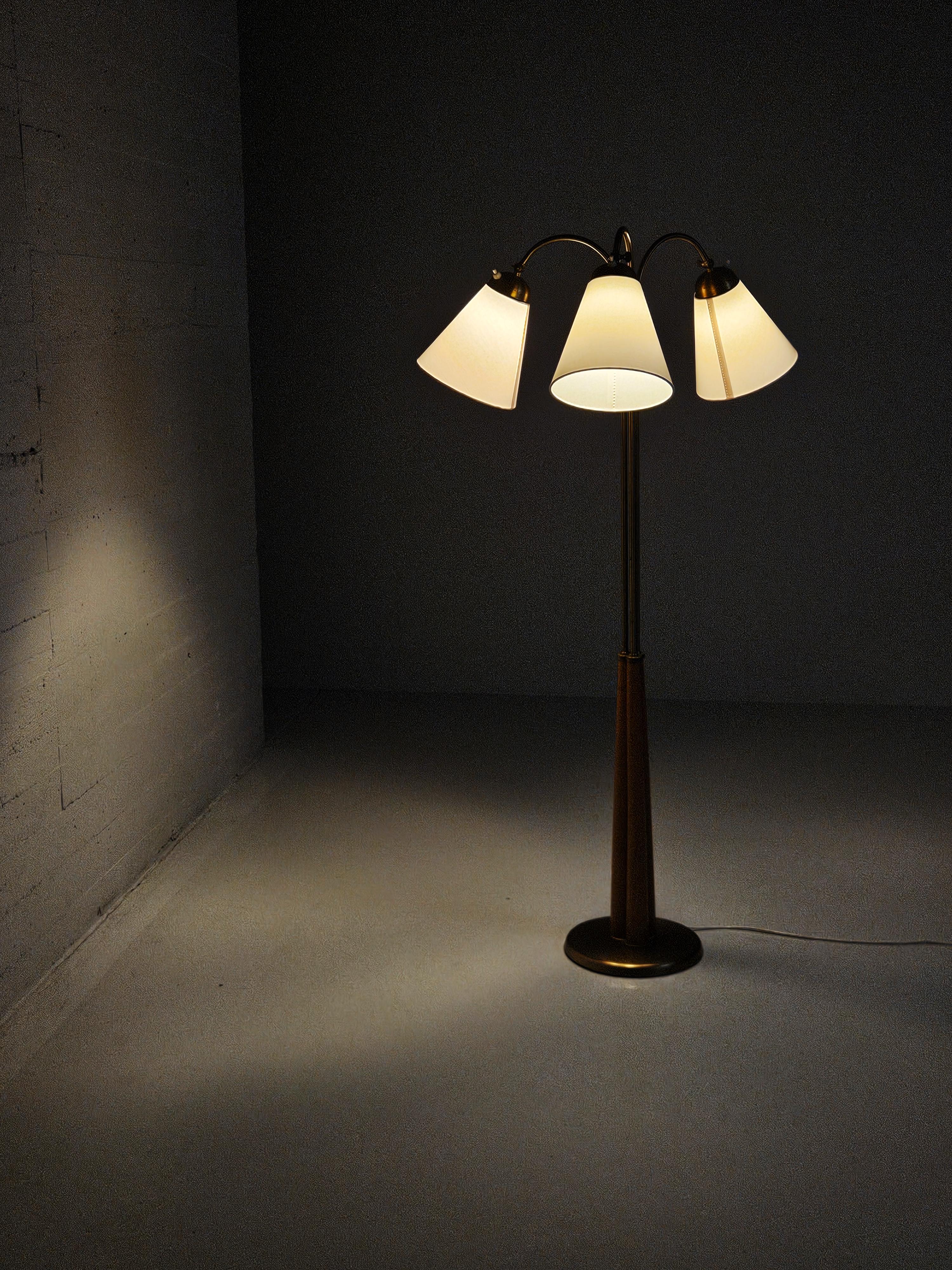 Brass Scandinavian modern three armed floor lamp, Sweden, 1940s For Sale