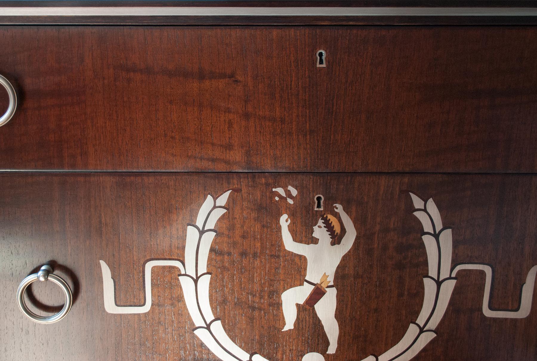 Scandinavian Modern Three-Drawer Chest with Pewter Inlay Figure and Details In Good Condition In New York, NY