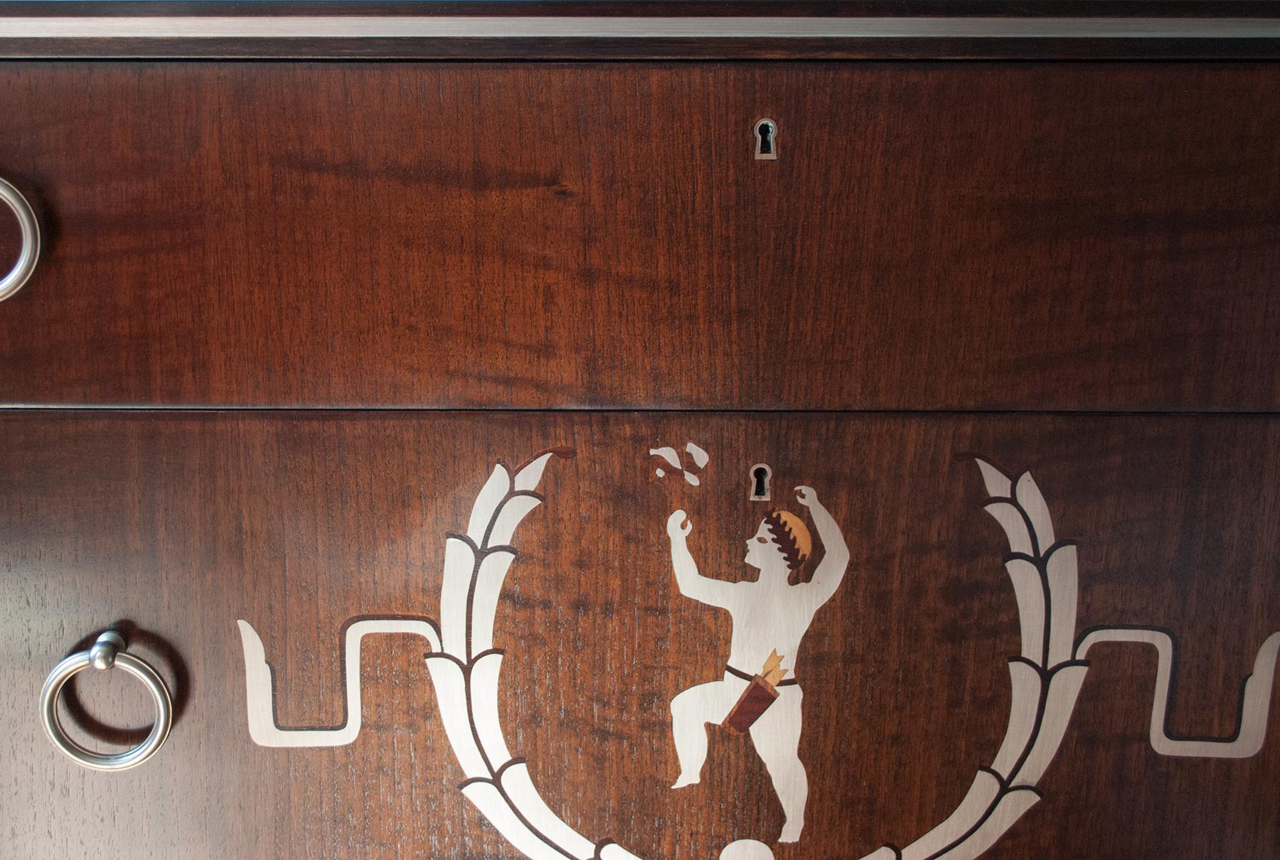 Scandinavian Modern Three-Drawer Chest with Pewter Inlay Figure and Details In Good Condition For Sale In New York, NY