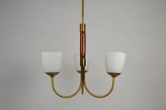 Scandinavian Modern Three-Light Pendant in Brass, Teak and Opaline Glass, 1960s