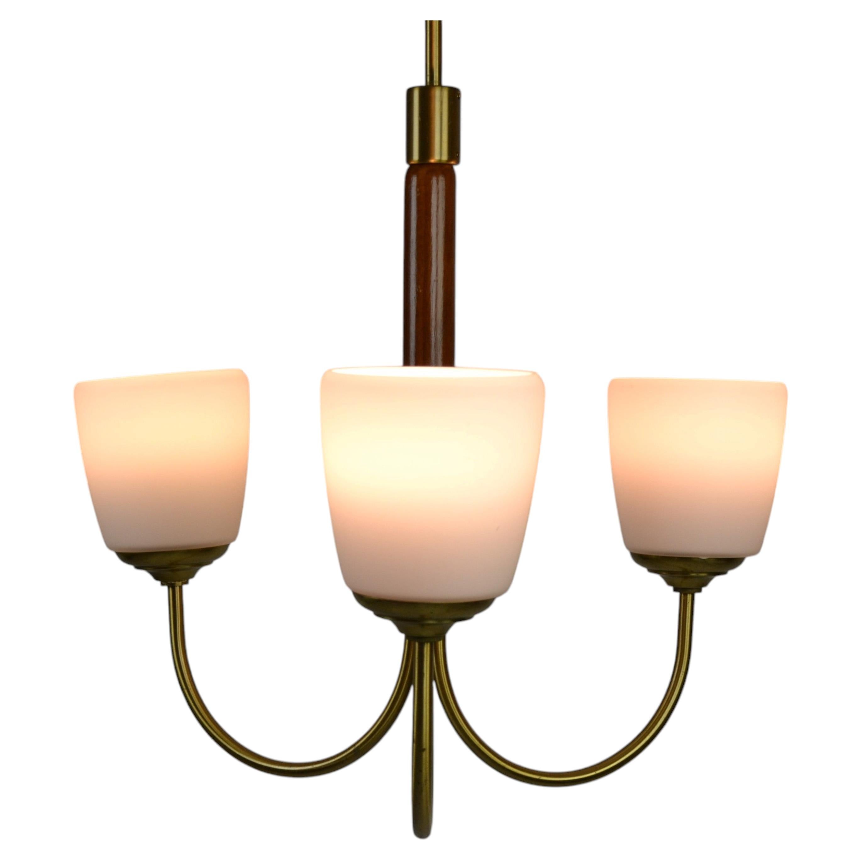 Scandinavian Modern Three-Light Pendant in Brass, Teak and Opaline Glass, 1960s For Sale