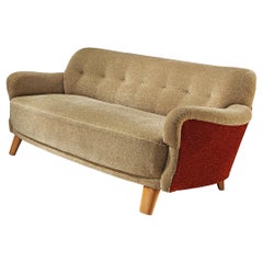 Scandinavian Modern Three Seat Sofa in Beige Red Fabric and Blonde Wood