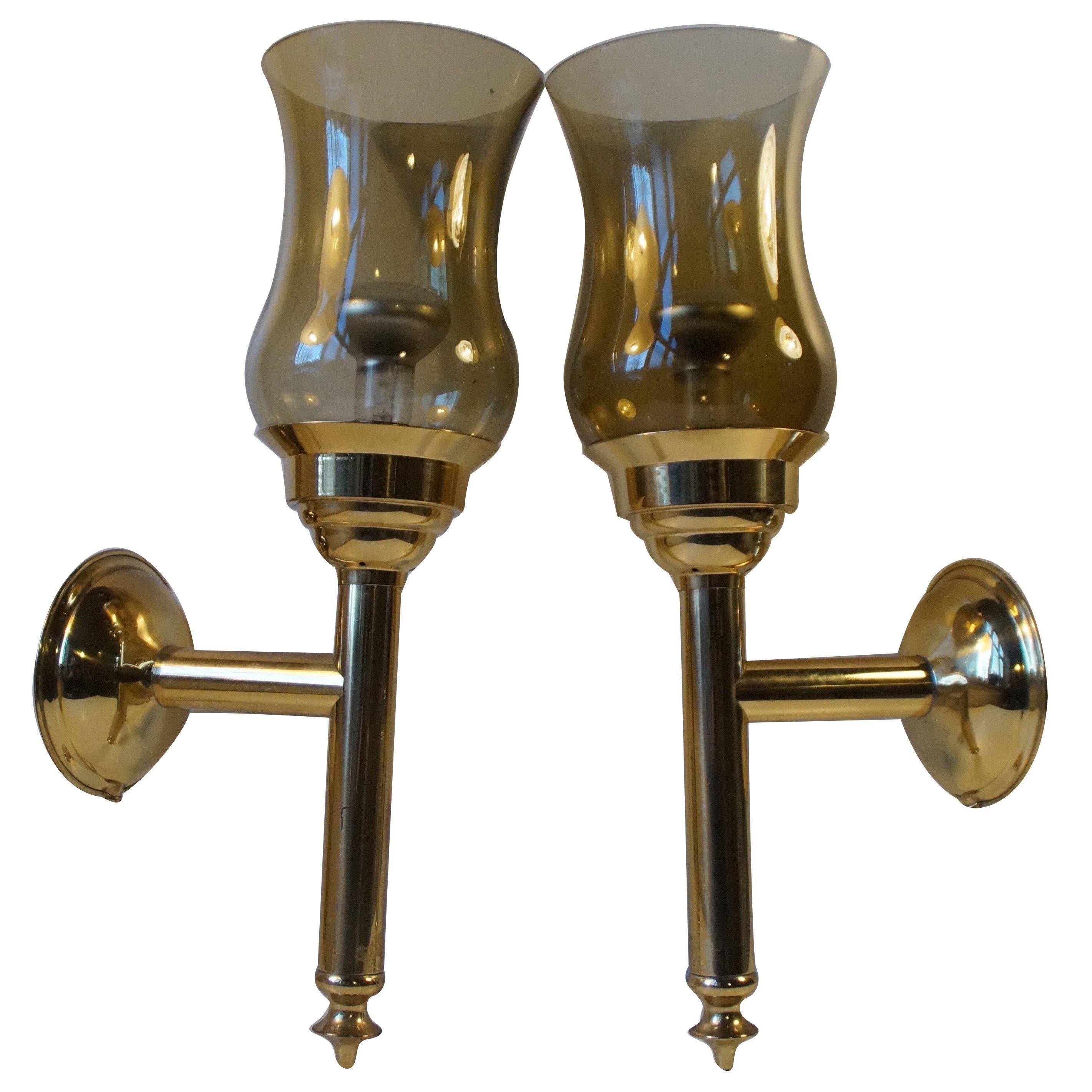 Scandinavian Modern Torch Wall Sconces in Brass and Smoke Glass