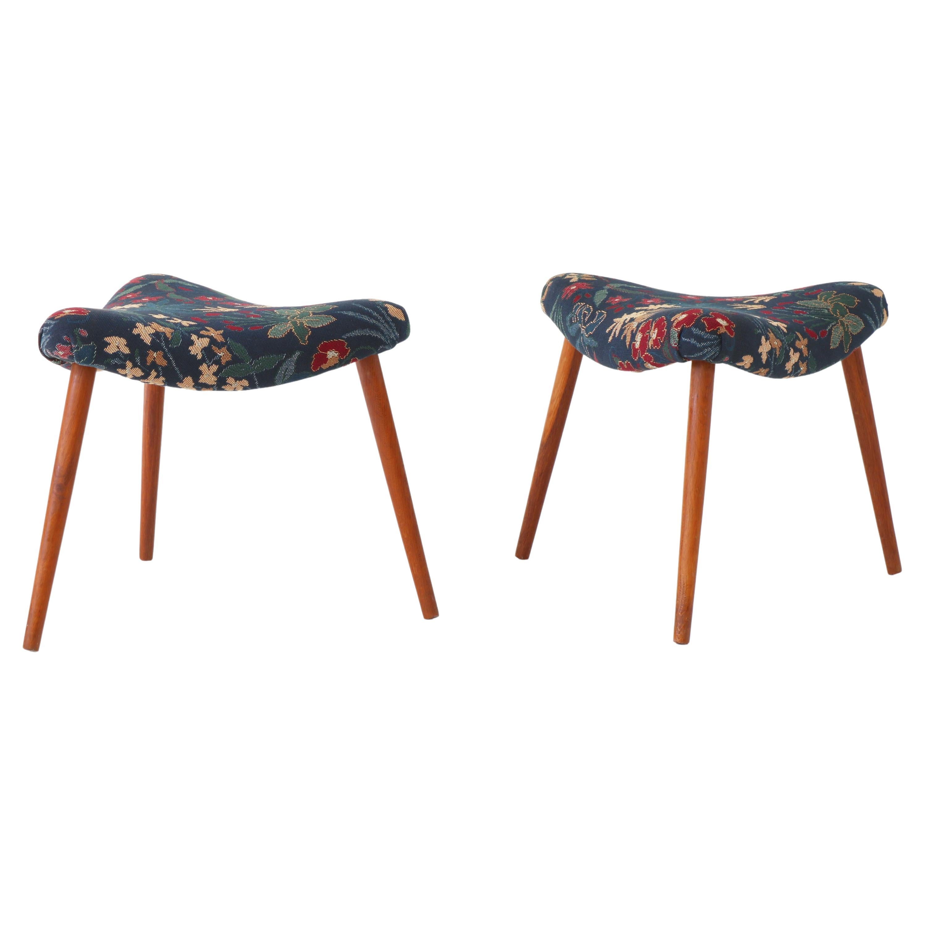Scandinavian Modern Triangular Stools in Blue Floral Tapestry, 1950s For Sale
