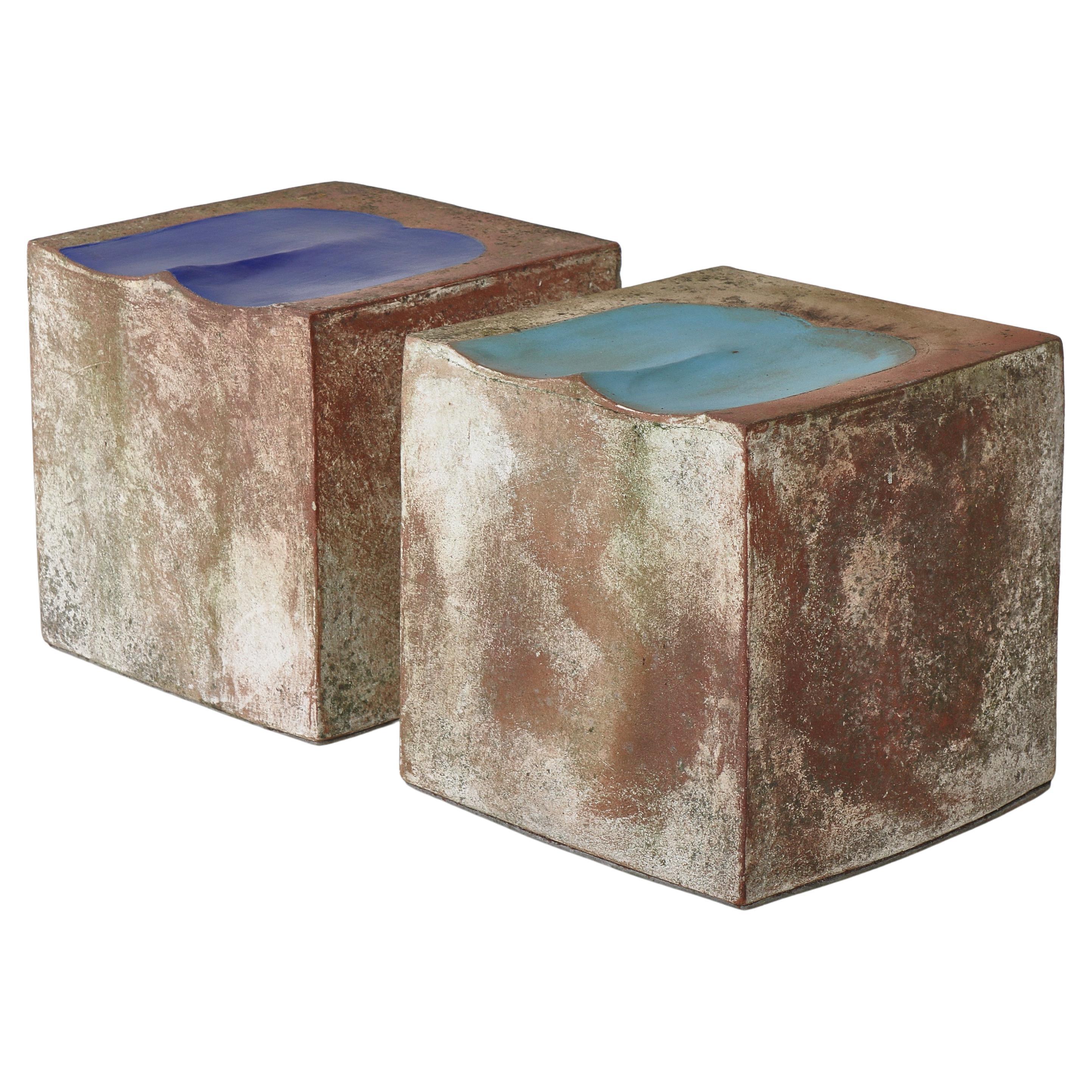 Scandinavian Modern Unique Stoneware Sculptural Cube Stools, Denmark, 1970s 