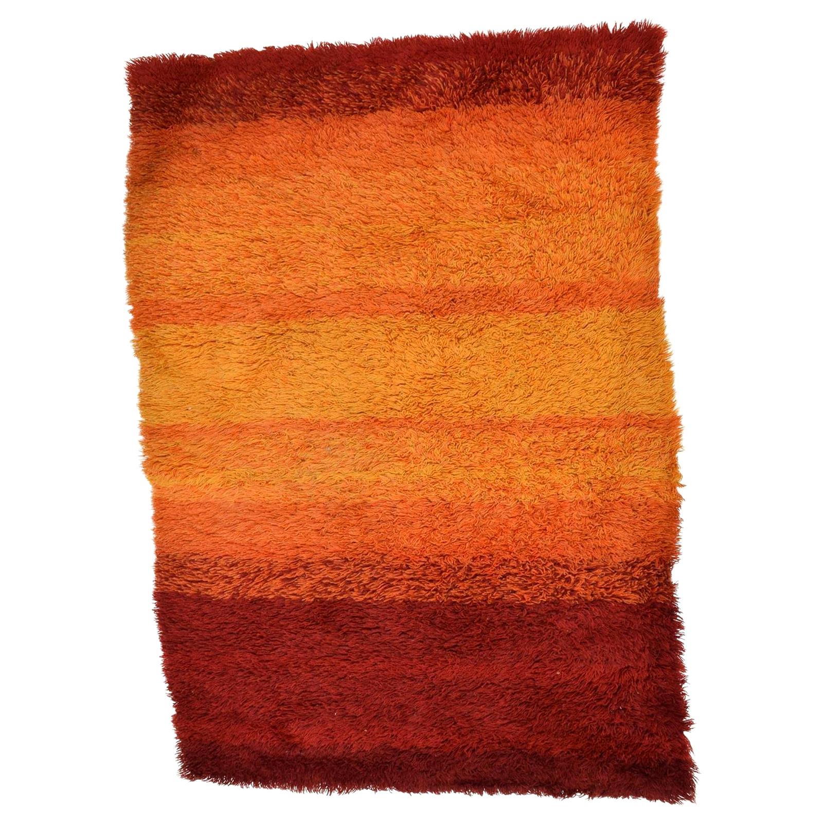 1960s Vibrant Orange Rya Rug Tapestry Scandinavian Modern Denmark