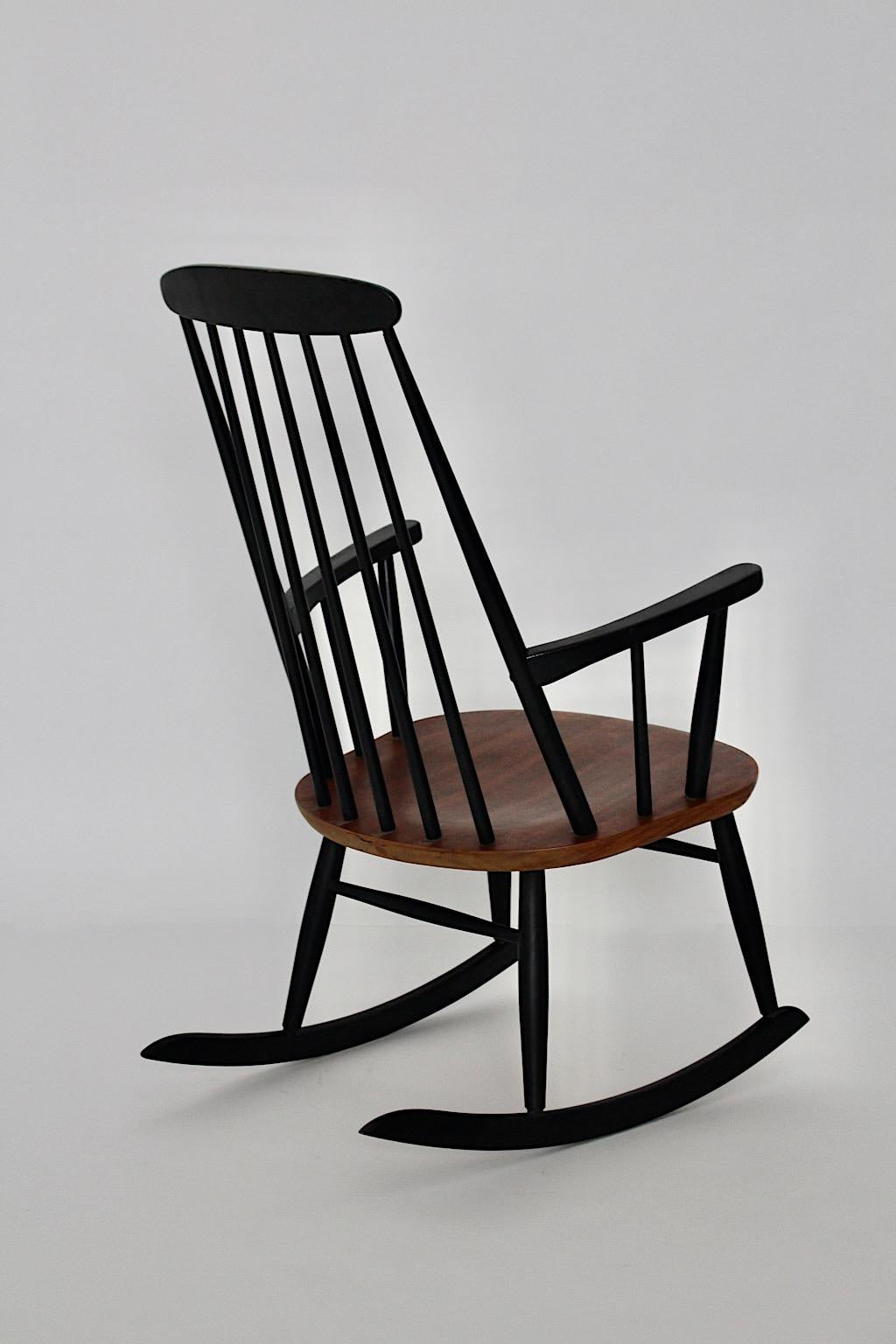 20th Century Scandinavian Modern Vintage Black Brown Wood Rocking Chair Ilmari Tapiovaara For Sale