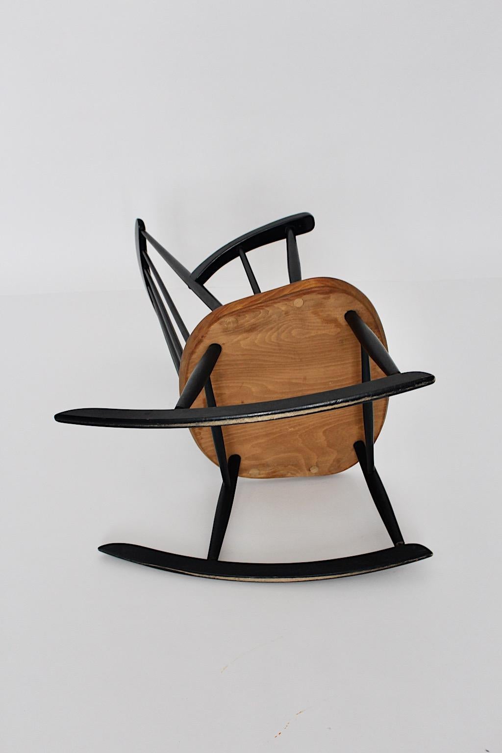 Teak Scandinavian Modern Vintage Black Brown Wood Rocking Chair Ilmari Tapiovaara For Sale
