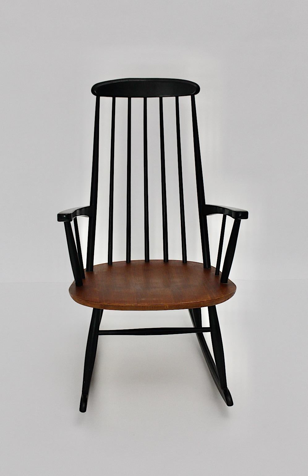 20th Century Scandinavian Modern Vintage Black Teak Rocking Chair Ilmari Tapiovaara, 1950s For Sale