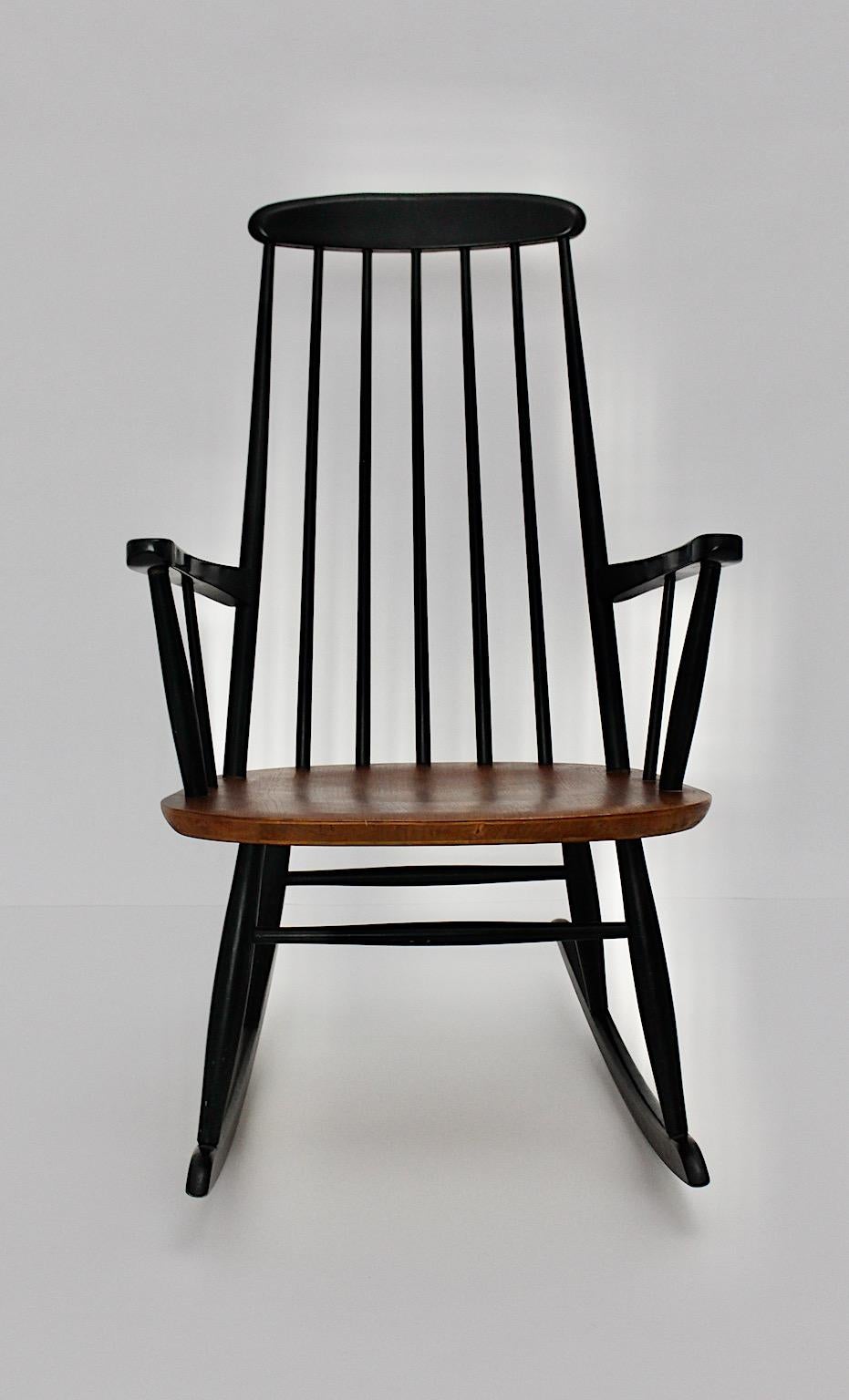 Beech Scandinavian Modern Vintage Black Teak Rocking Chair Ilmari Tapiovaara, 1950s For Sale