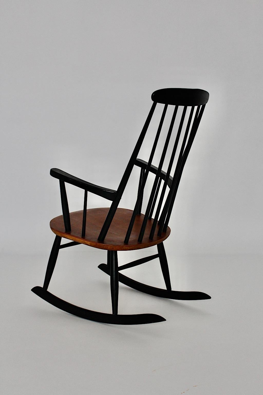 Scandinavian Modern Vintage Black Teak Rocking Chair Ilmari Tapiovaara, 1950s For Sale 2