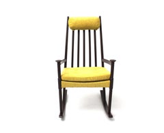 Scandinavian Modern Vintage Brown Beech with Yellow Cushions Rocking Chair 1960s