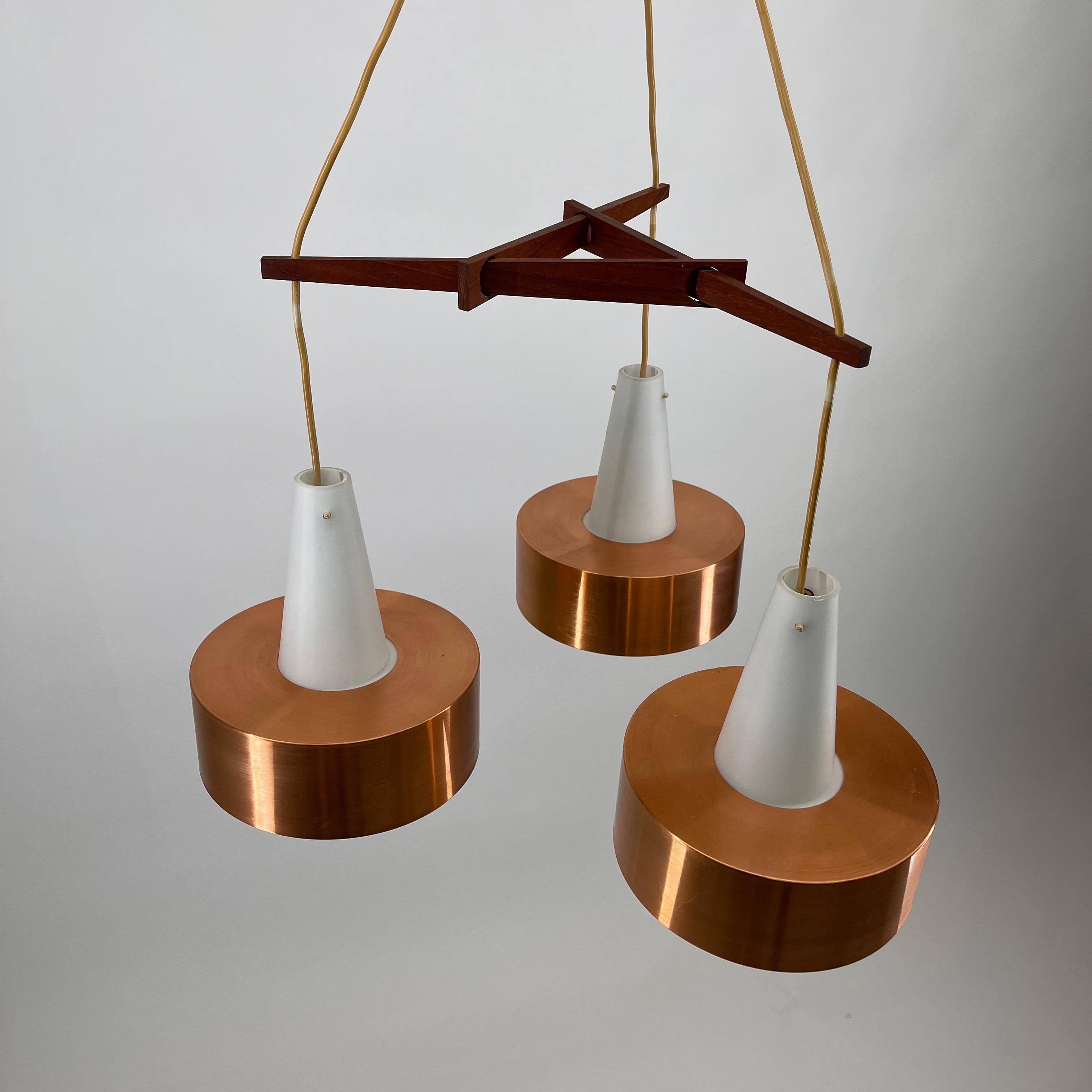 Scandinavian Modern vintage copper metal, teak and opaline glass chandelier by Jo Hammerborg, 1960s.