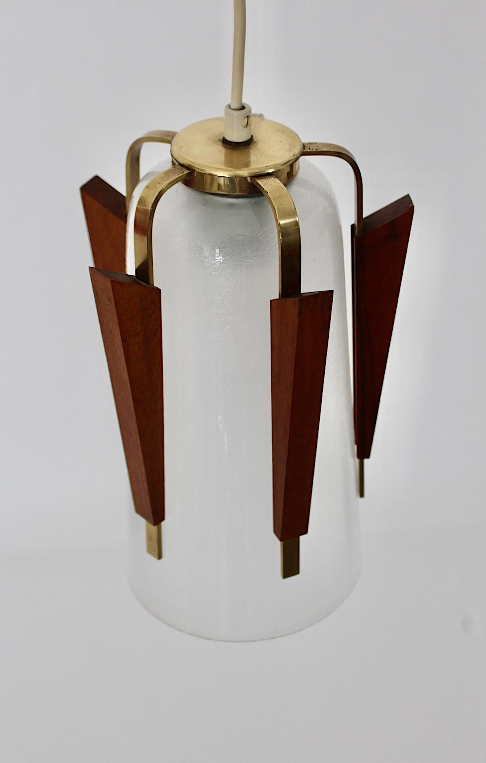 Scandinavian Modern Vintage Glass Brass Teak Pendant 1960s Denmark In Good Condition For Sale In Vienna, AT