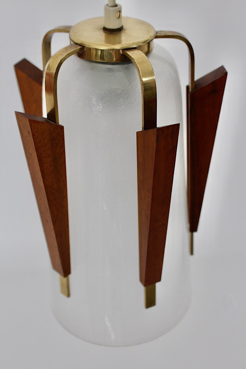 Mid-20th Century Scandinavian Modern Vintage Glass Brass Teak Pendant 1960s Denmark For Sale