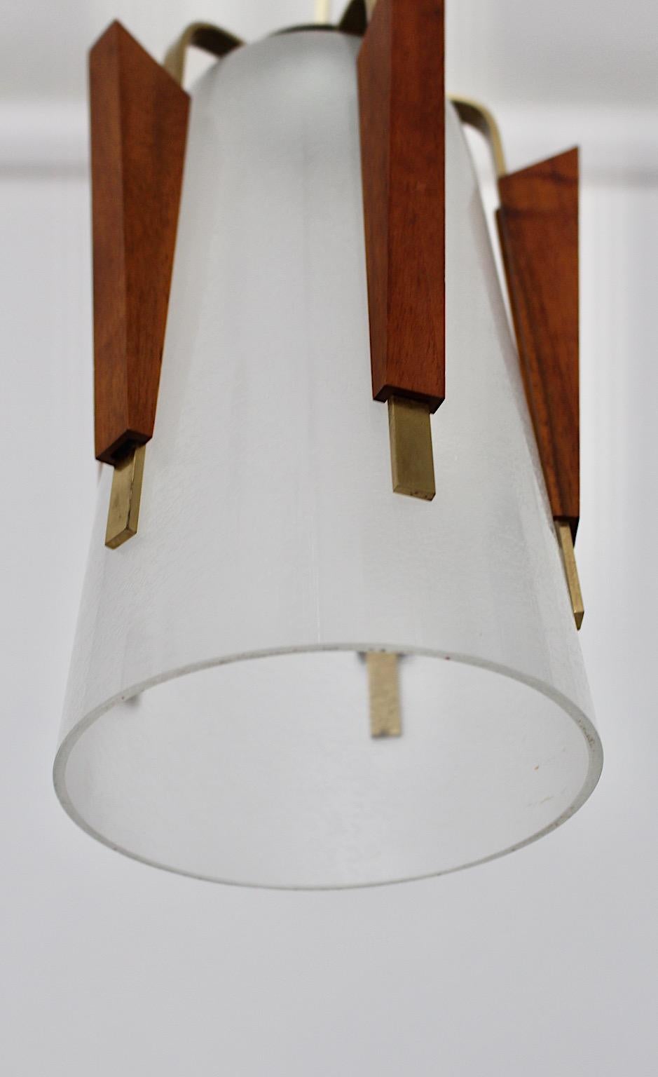 Scandinavian Modern Vintage Glass Brass Teak Pendant 1960s Denmark For Sale 2