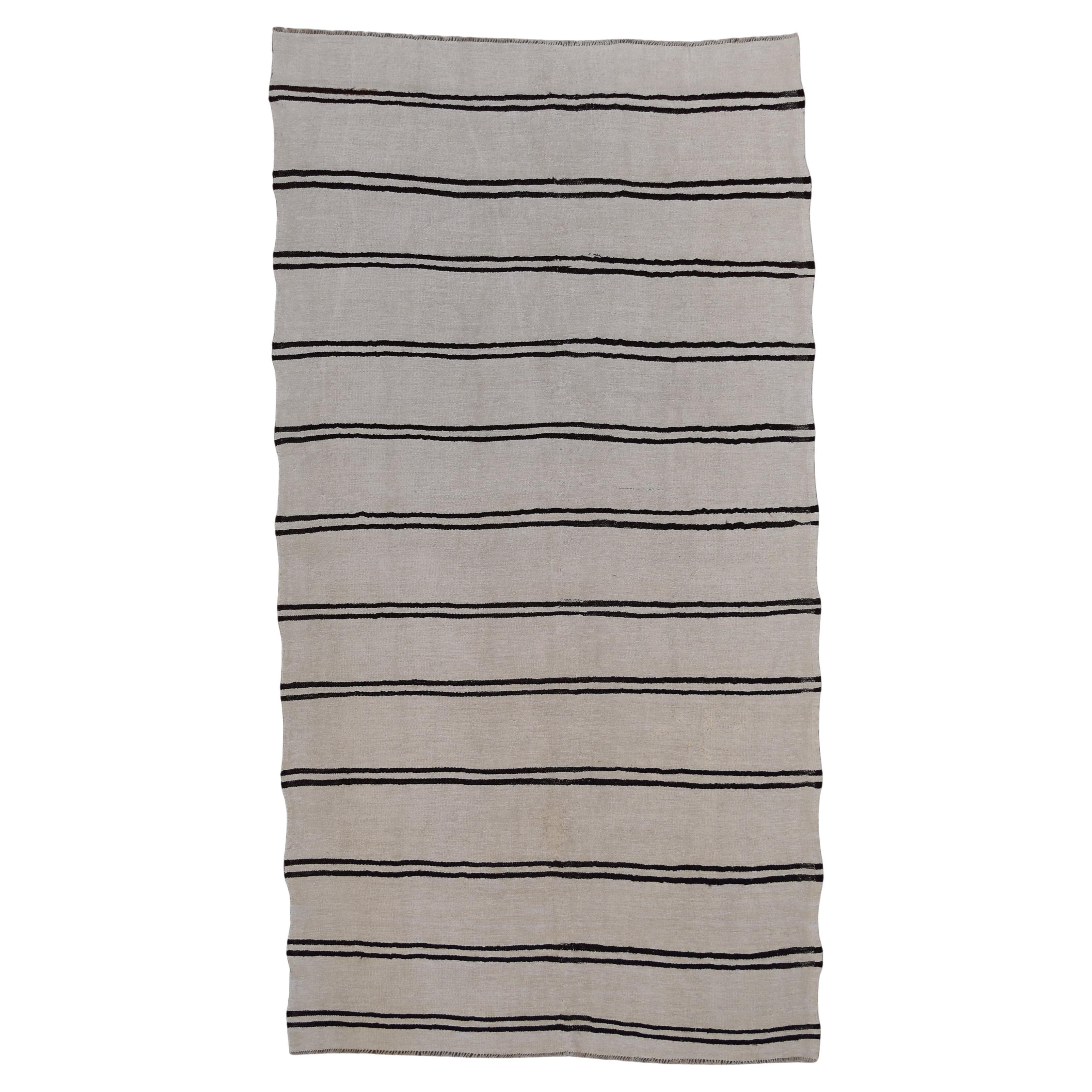 Scandinavian Modern Vintage Ivory with Black Striped Hemp Kilim 5'10''x11'