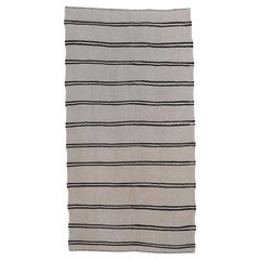 Scandinavian Modern Vintage Ivory with Black Striped Hemp Kilim 5'10''x11'