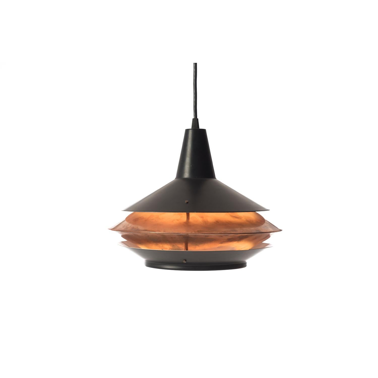 Danish Scandinavian Modern Vintage Lantern Shaped Pendant Fixture in Black and Copper