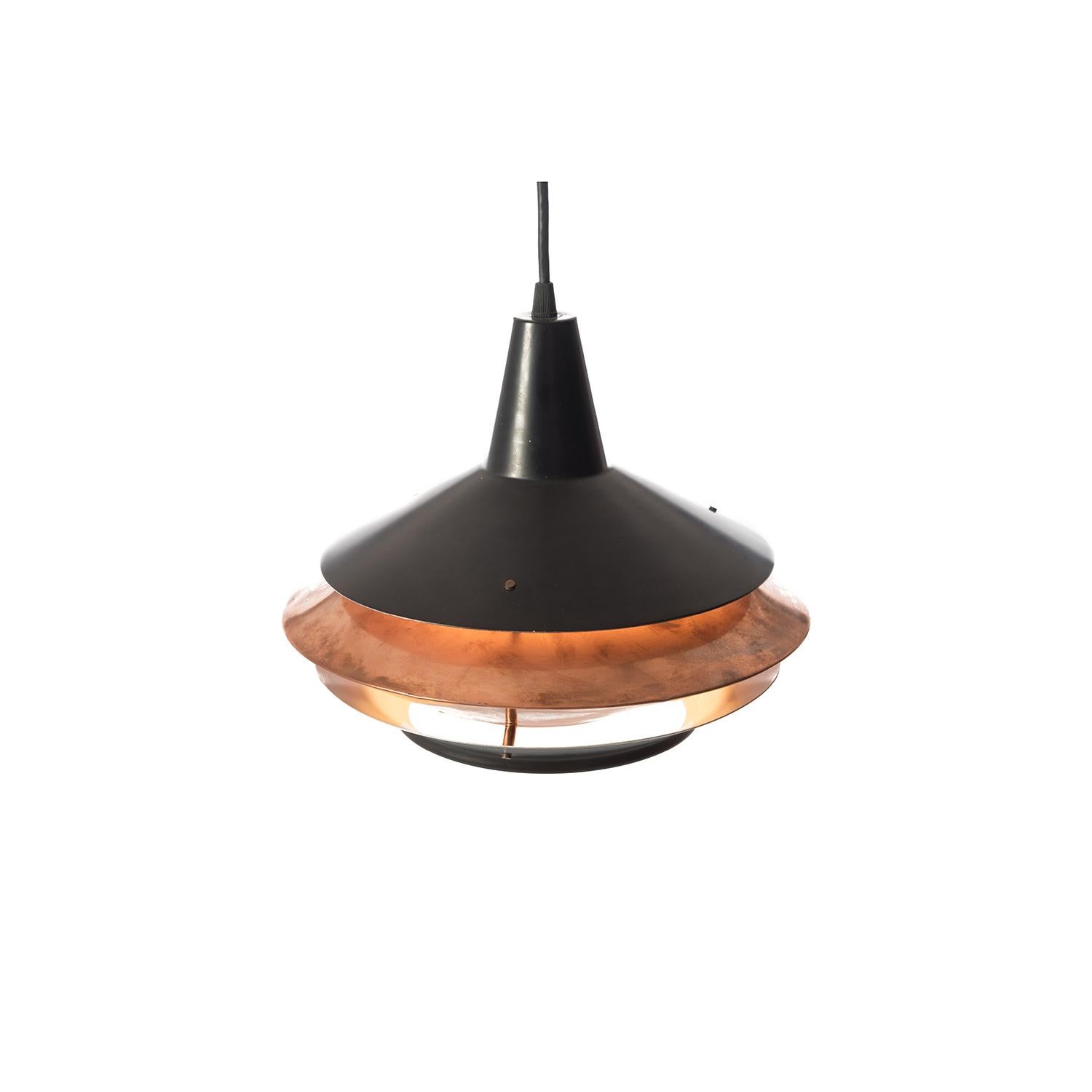 Painted Scandinavian Modern Vintage Lantern Shaped Pendant Fixture in Black and Copper