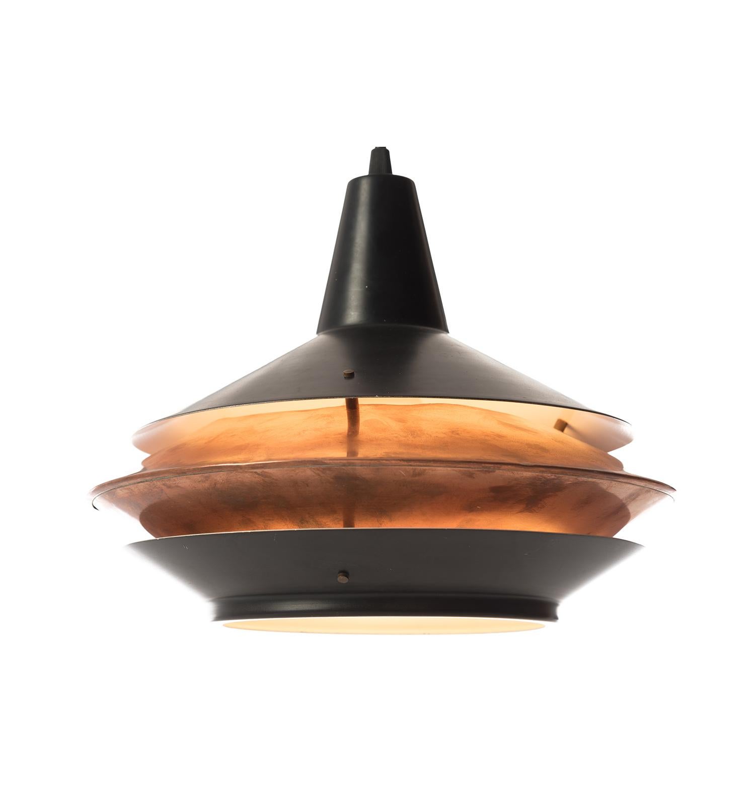 Scandinavian Modern Vintage Lantern Shaped Pendant Fixture in Black and Copper In Good Condition In Minneapolis, MN