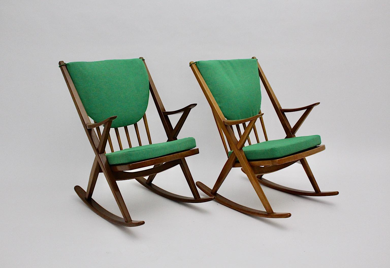 Fabric Scandinavian Modern Vintage Organic Beech Rocking Chairs Duo Frank Reenskaug  For Sale