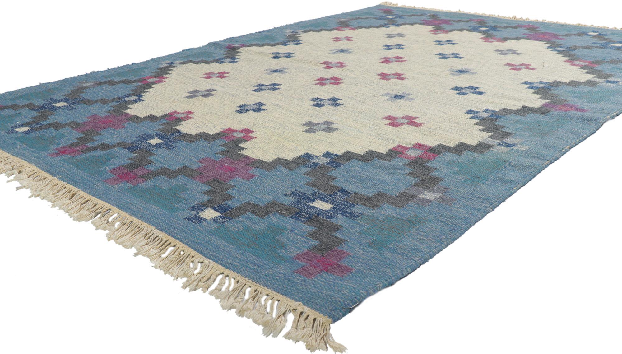 78265 Vintage Swedish Kilim Anne Marie Boberg Rollakan rug with Scandinavian Modern Style 05'07 x 07'07. With its geometric design and bohemian hygge vibes, this hand-woven wool Swedish Kilim rug beautifully embodies the simplicity of Scandinavian