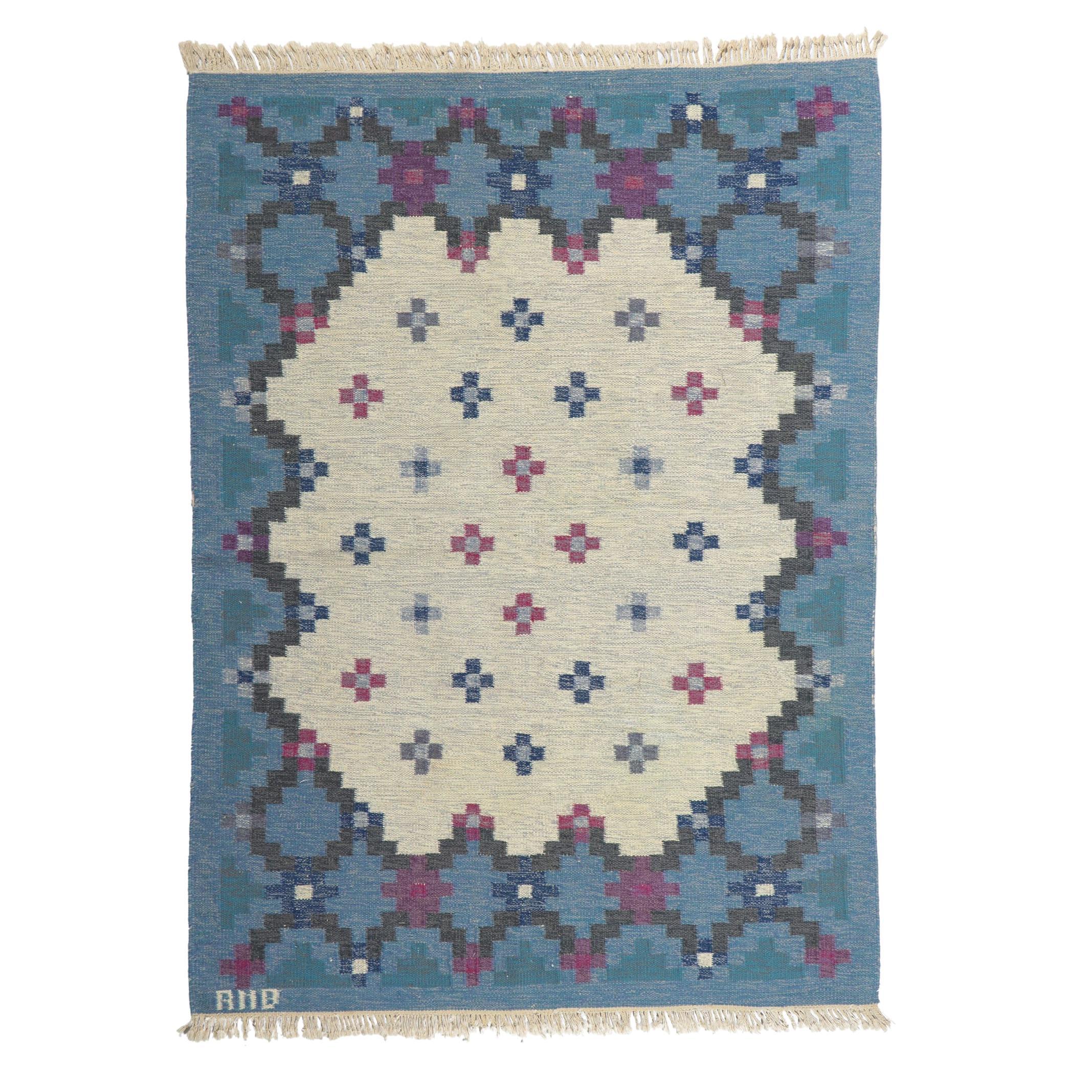 Tapis Kilim Rollakan suédois vintage de style scandinave moderne par Anne Marie Boberg 