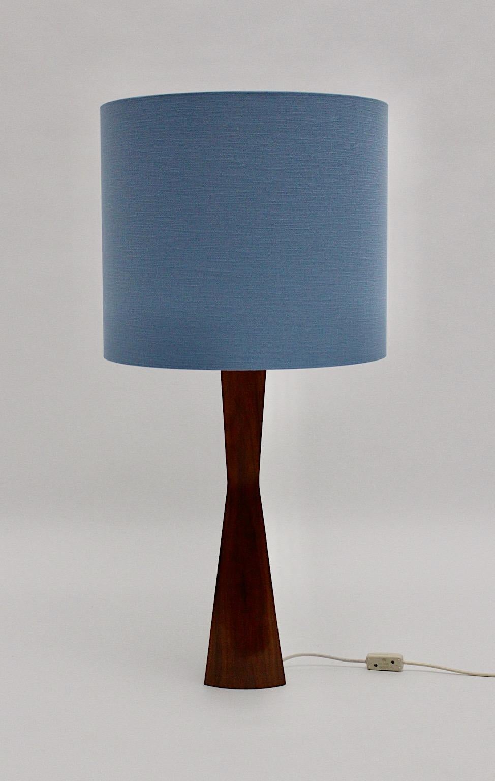 Mid-20th Century Scandinavian Modern Vintage Teak Table Lamp Blue Lampshade, 1960s, Denmark For Sale