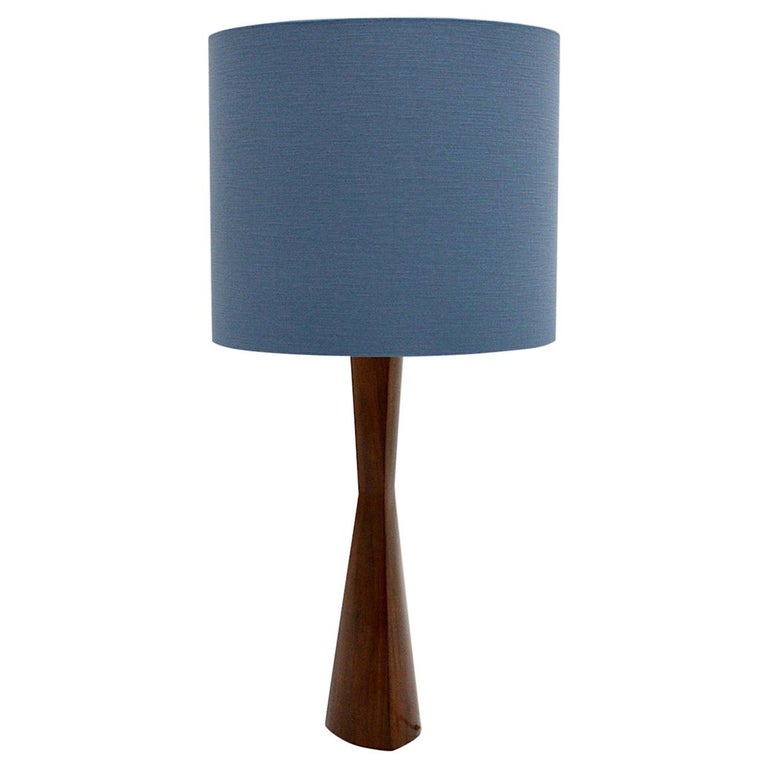 Scandinavian Modern Vintage Teak Table, Blue Standing Lamp Shade