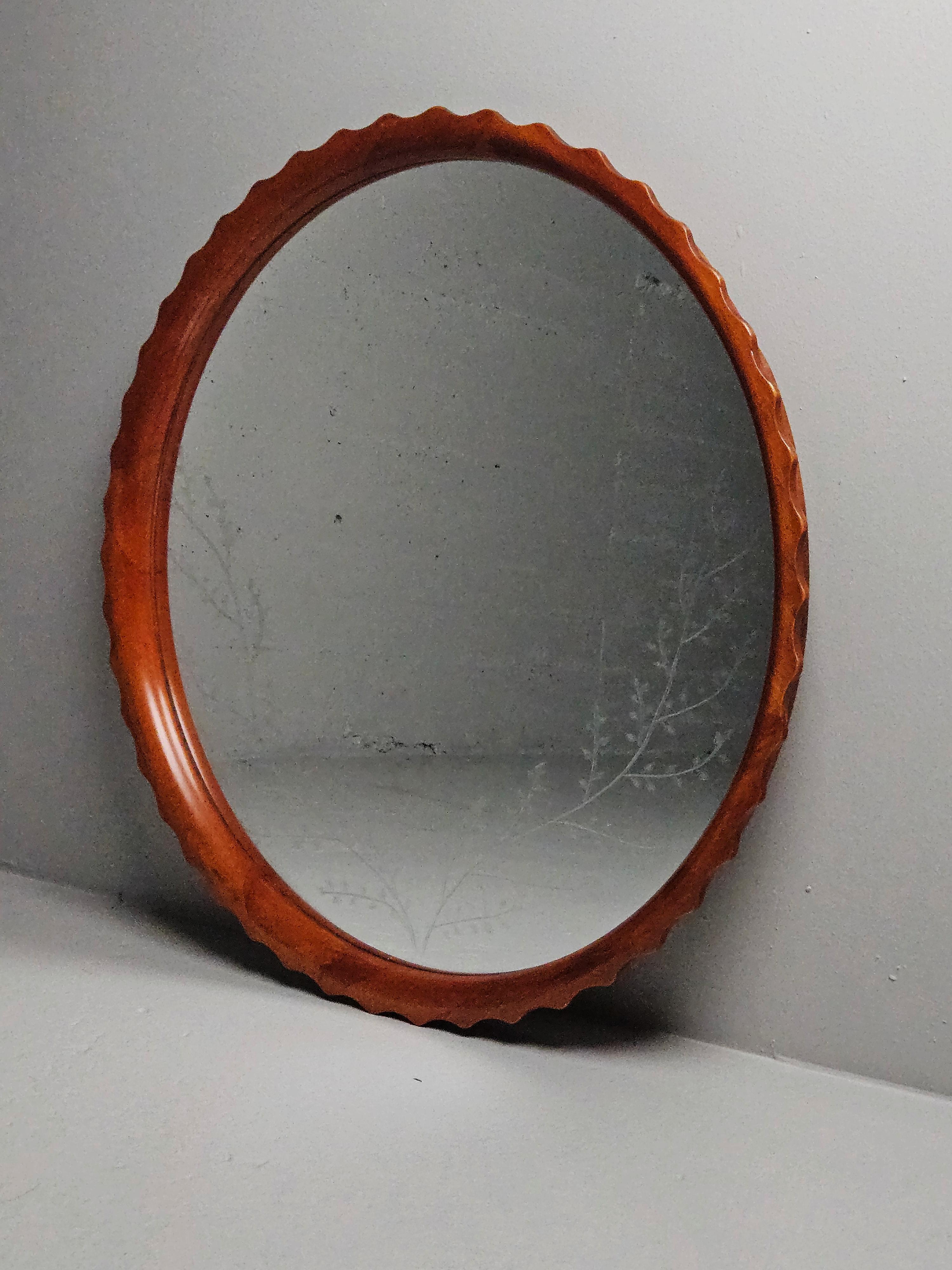 Swedish Scandinavian modern wall mirror with floral etching, anonymous, Sweden, 1940s For Sale